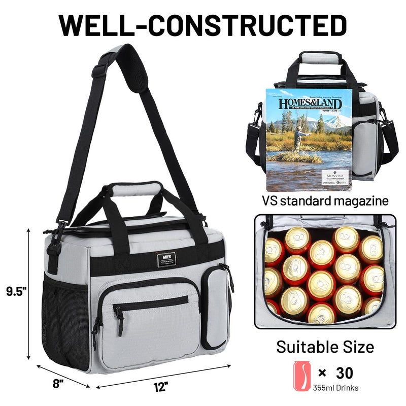 MIER Leakproof Insulated Cooler Lunch Bag for Adult Men Women 30 Can Cooler Bag with Top Flip Lid, 18L, Multiple Pockets (Grey-No Luggage Strap) - Image 4